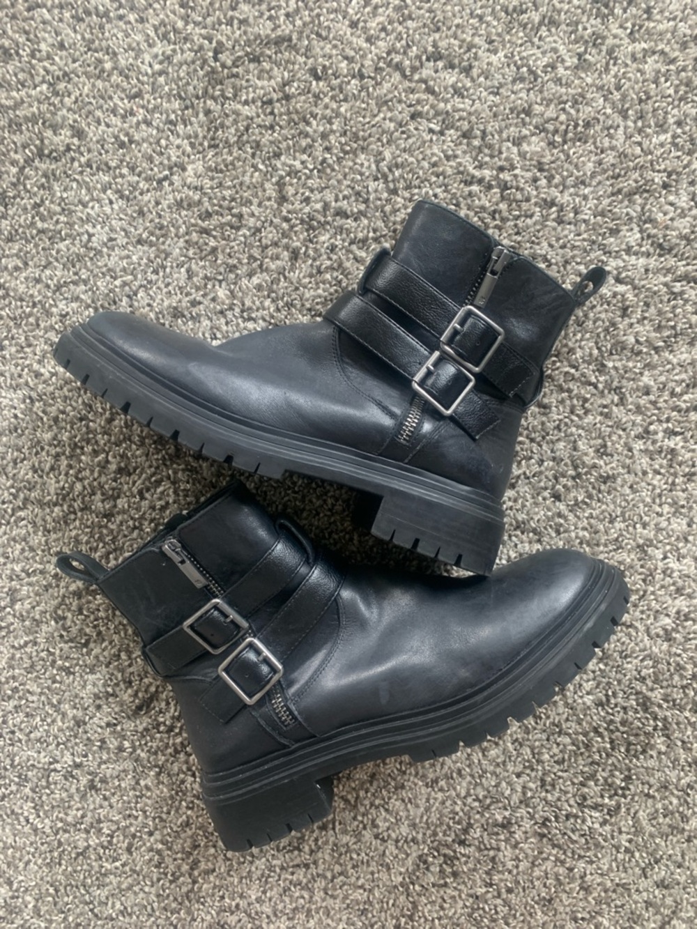 Lucky Brand Black Leather Buckle Combat Boots